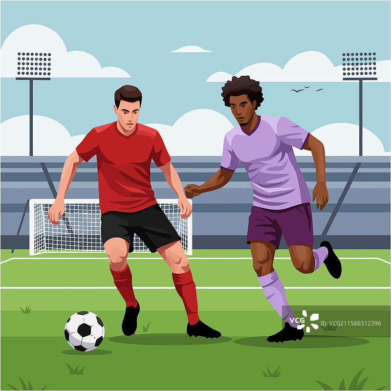 足球运动员在体育场的场地上运球图片素材