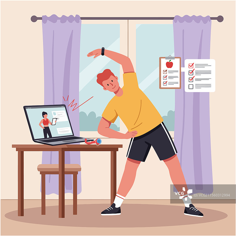 在家锻炼的男子参加在线健身课程图片素材