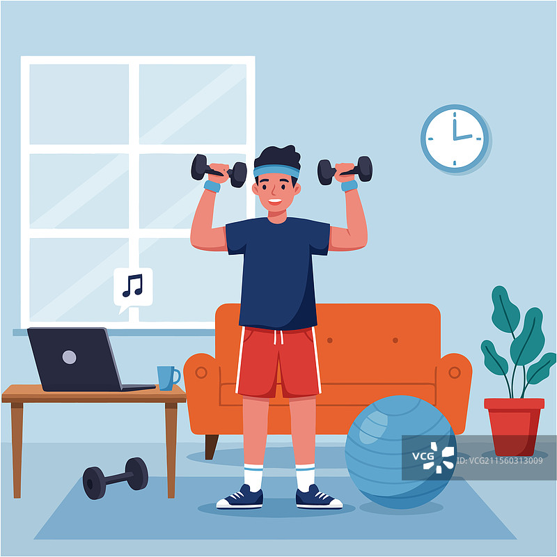 在家使用哑铃进行在线锻炼的男人图片素材