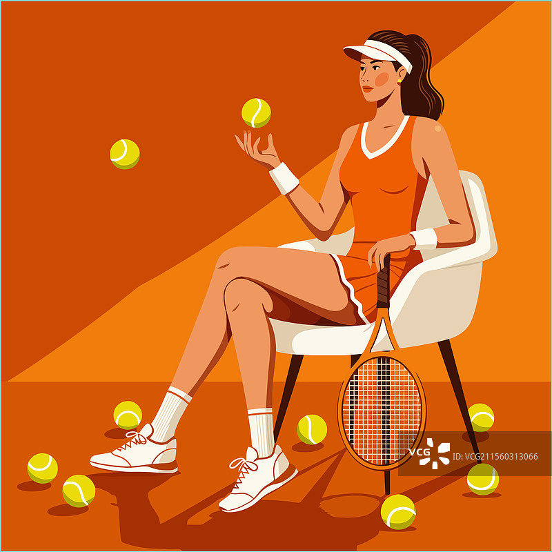 网球运动员在橙色背景上休息并玩弄球。图片素材