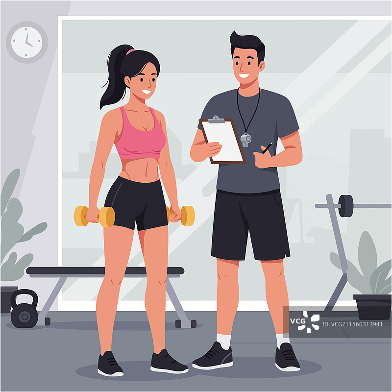 女性在私人教练的指导下举哑铃图片素材