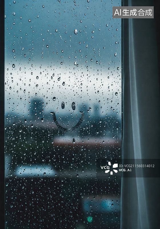 【AI数字艺术】雨滴窗上的笑脸图片素材