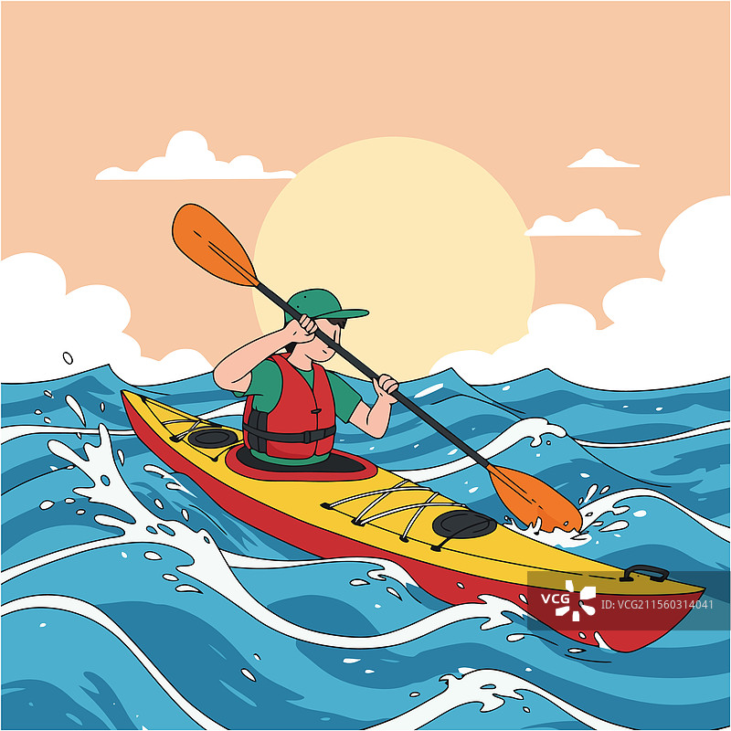 在海浪中划桨的男子与阳光图片素材