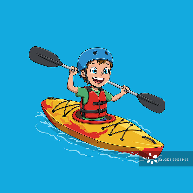男孩划皮艇的水上冒险卡通形象，手持桨。图片素材