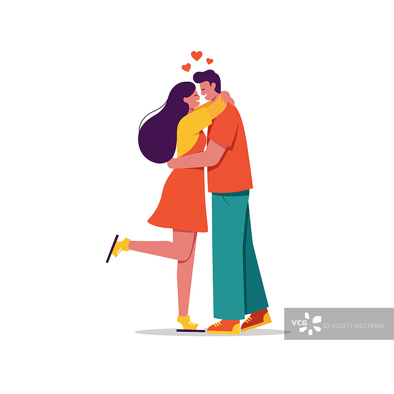 一对情侣亲密相拥，周围环绕着爱心图片素材