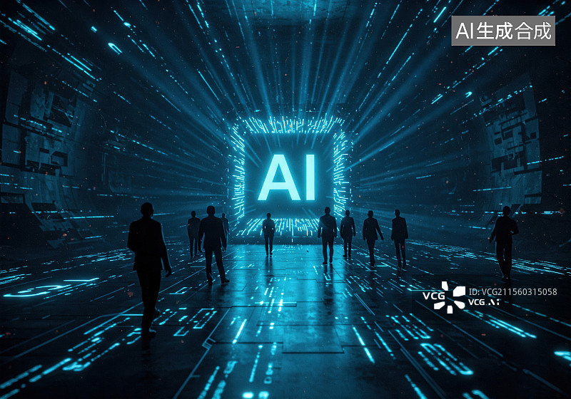 【AI数字艺术】人们走向发光的AI标志图片素材