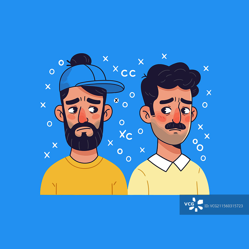 两个卡通男人在蓝色背景前显得很伤心图片素材