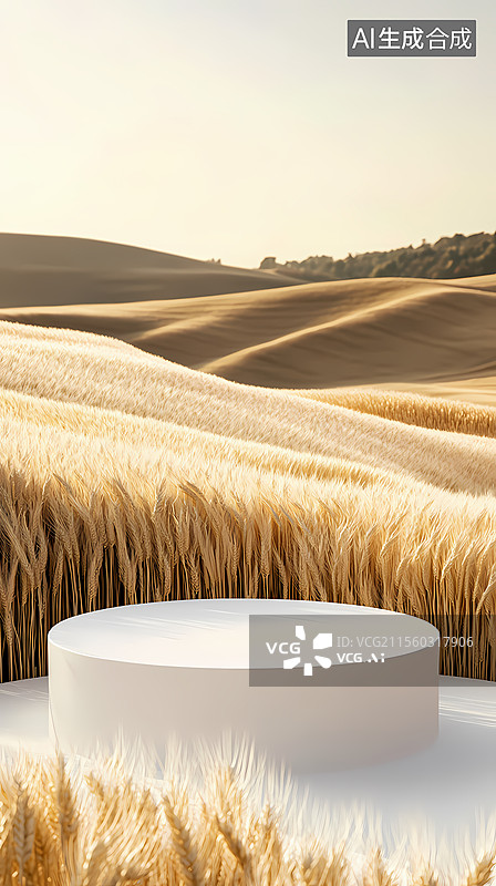 【AI数字艺术】金黄麦田中的白色展示台图片素材