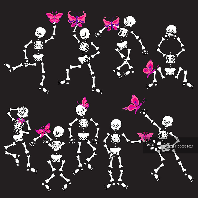 一组骷髅与粉色蝴蝶共舞图片素材
