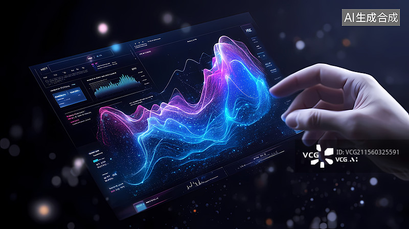 【AI数字艺术】手触摸虚拟数据图表画面图片素材