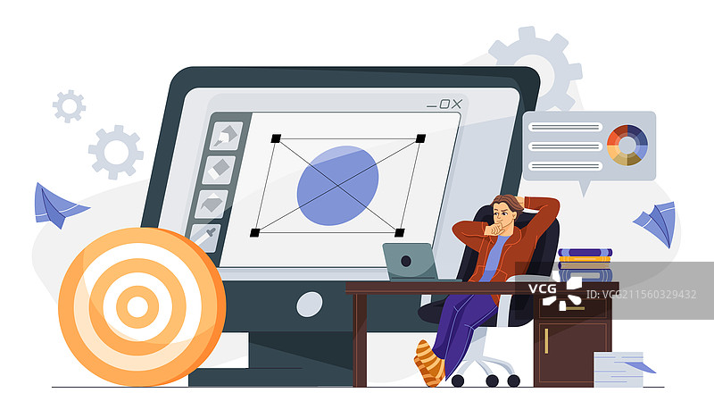 设计师在桌前放松，电脑上显示数字图形图片素材