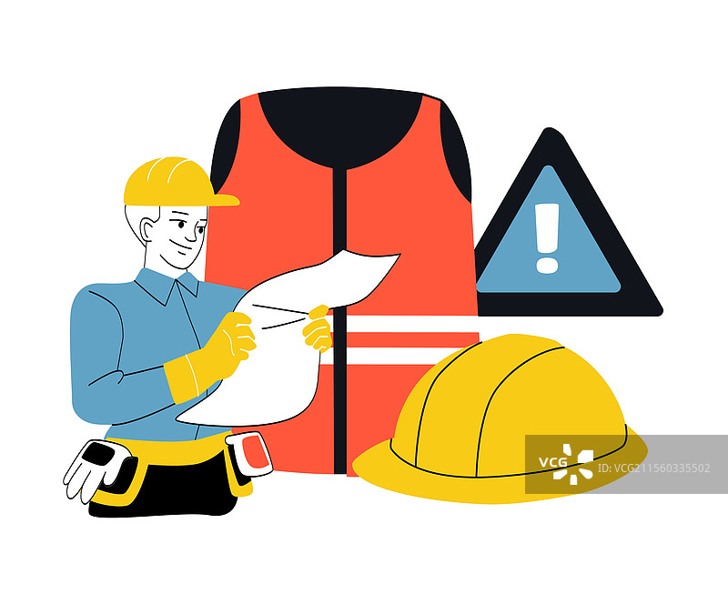 穿着安全装备并持有蓝图的建筑工人图片素材