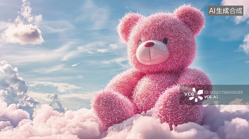 【AI数字艺术】粉色毛绒玩具熊坐在云朵上图片素材