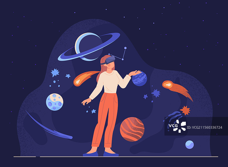 戴着虚拟现实头盔的女性在探索虚拟空间图片素材