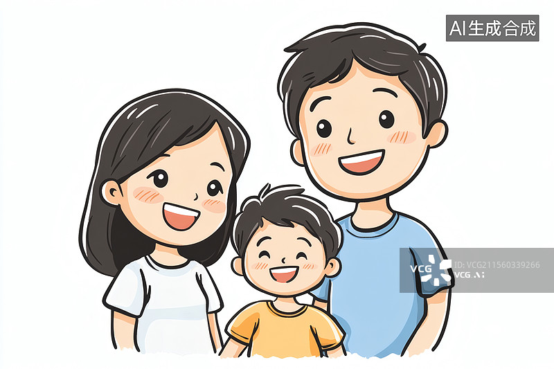 【AI数字艺术】一家三口家庭合照可爱风插画图片素材