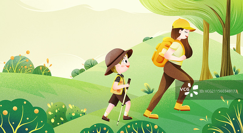 亲子徒步春天户外出游公园爬山插画图片素材