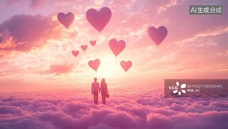 【AI数字艺术】云端漫步,心形气球相伴图片素材