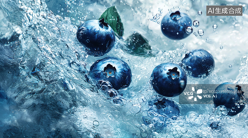 【AI数字艺术】蓝莓和薄荷叶的清凉一跃图片素材