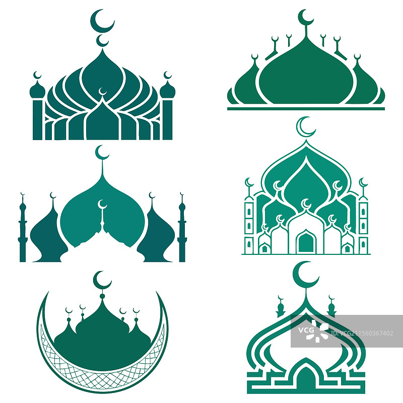 一组青绿色的伊斯兰清真寺剪影图片素材
