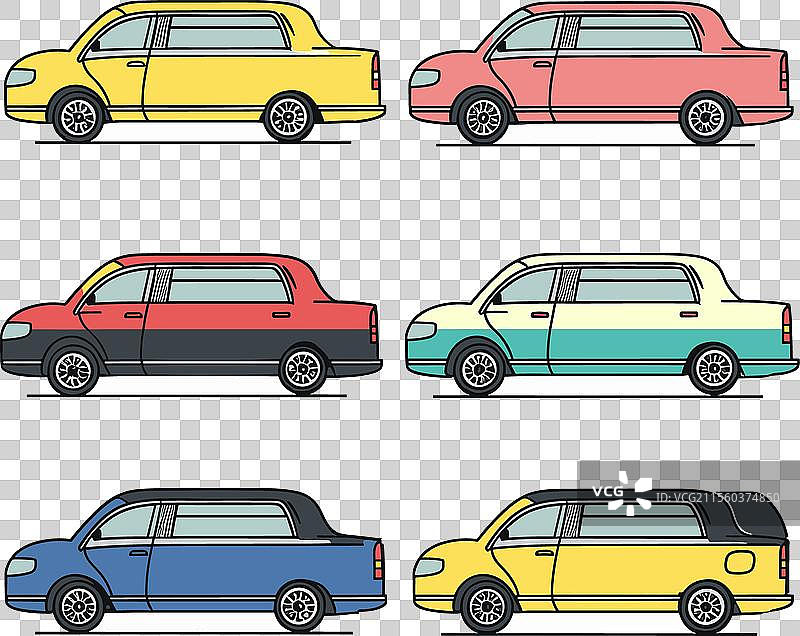 六辆色彩斑斓的卡通轿车侧面轮廓鲜明图片素材
