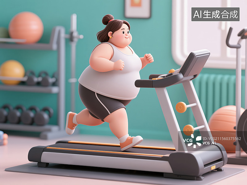 【AI数字艺术】治愈系插画-跑步机减肥的肥胖女人图片素材
