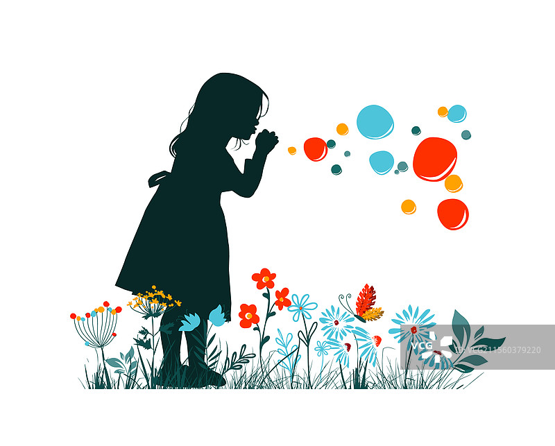 一个女孩的剪影与肥皂泡泡图片素材