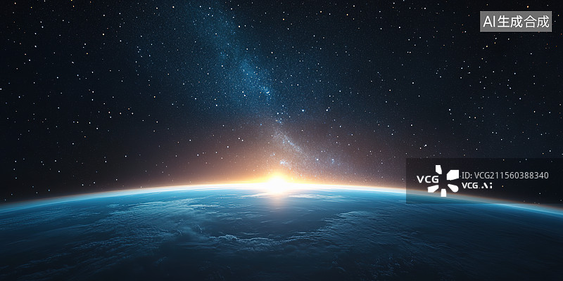 【AI数字艺术】太空视角下地平面上升起的太阳——探索与梦想概念图片素材