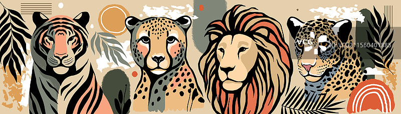 手绘抽象野猫与丛林图片素材