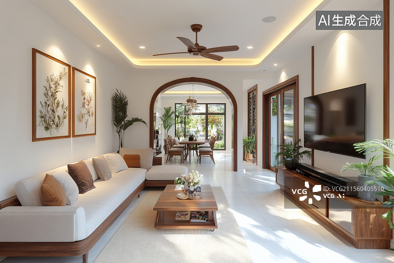 【AI数字艺术】豪宅客厅与餐厅布局，整洁干净图片素材