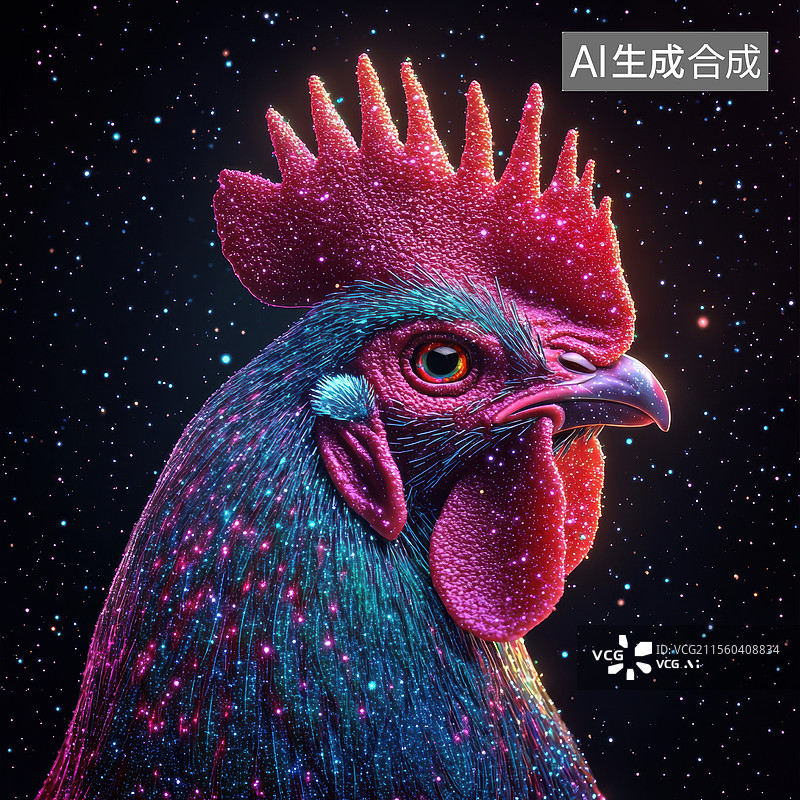 【AI数字艺术】炫彩光影公鸡图，鸡年生肖图片素材