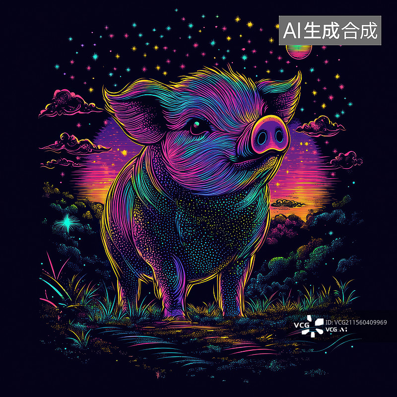 【AI数字艺术】炫彩霓虹小猪插画，猪年生肖图片素材