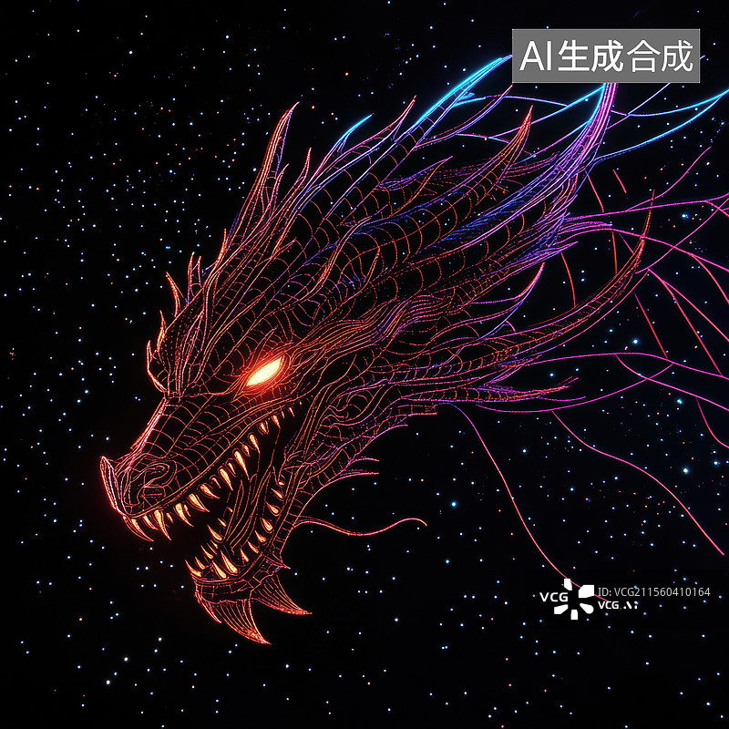 【AI数字艺术】炫彩龙形霓虹灯，龙年生肖图片素材