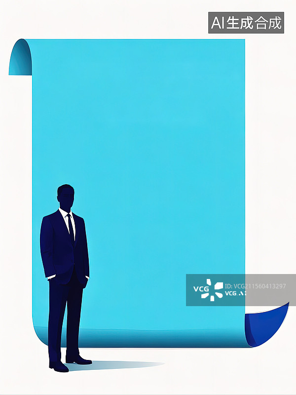 【AI数字艺术】简约的蓝色商务人士剪影和信封便签记录本商务插图图片素材