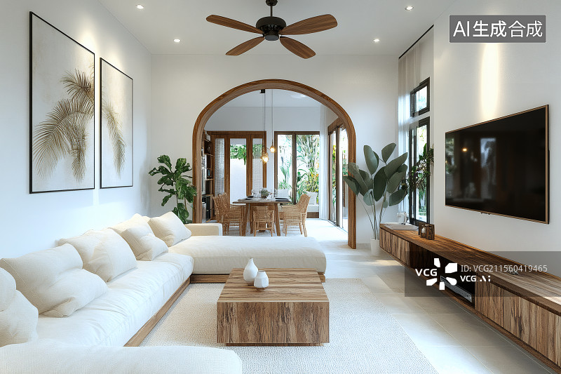 【AI数字艺术】现代豪宅客厅与餐厅，样板间布局图片素材