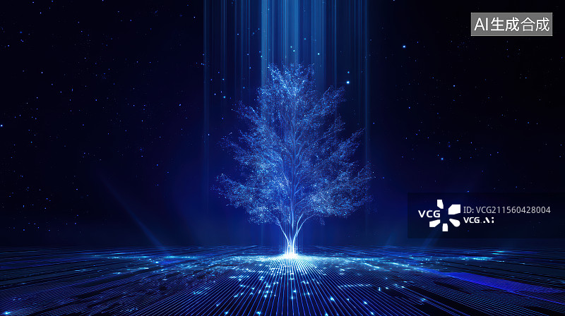 【AI数字艺术】蓝色虚拟数字发光粒子科技树图片素材