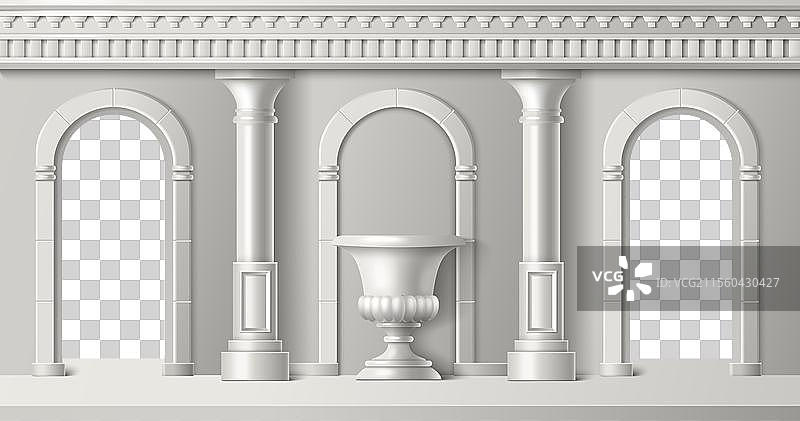 带有白色古罗马柱拱的房间内部装饰图片素材
