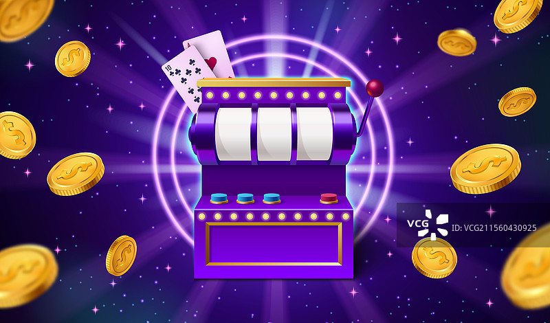 老虎机和金色硬币在紫色背景上飞舞图片素材
