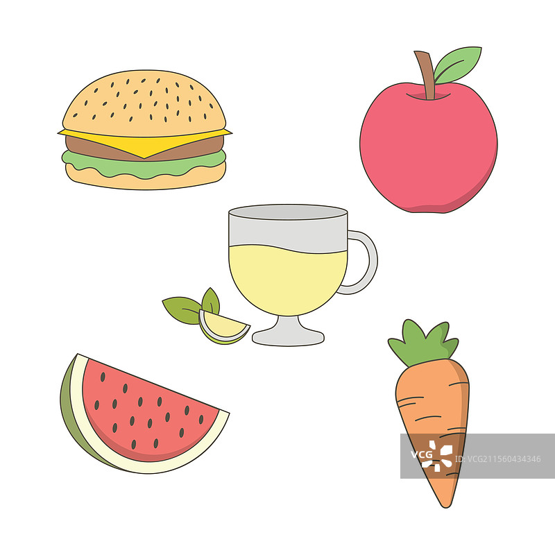 汉堡、苹果和西瓜的食品饮料组合图片素材