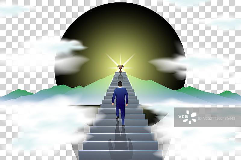 人们攀爬楼梯，向顶端的奖杯进发图片素材