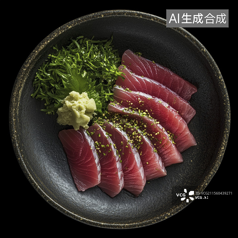 【AI数字艺术】黑色背景下盘子里金枪鱼的特写镜头图片素材