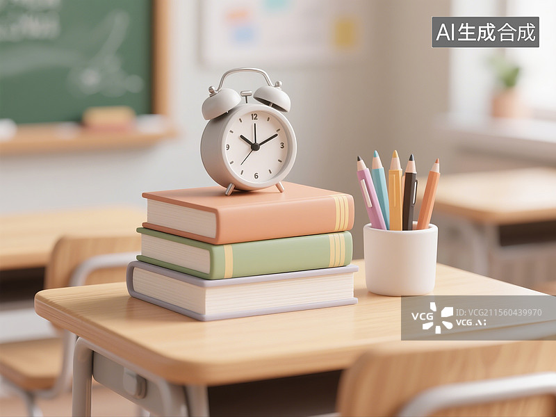 【AI数字艺术】3D渲染，教室课桌上的闹钟和书本特写，高考冲刺，考试，学习，复习，青春校园生活概念场景图图片素材