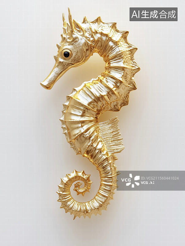 【AI数字艺术】白色背景下金色海马雕像的特写镜头图片素材