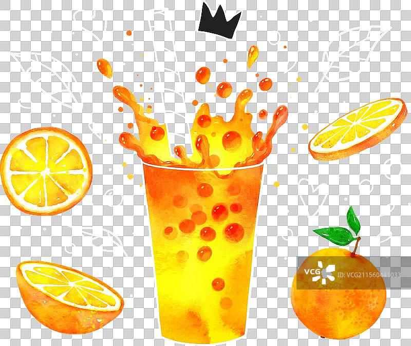 橙色泡泡茶与粉笔涂鸦和水果图片素材