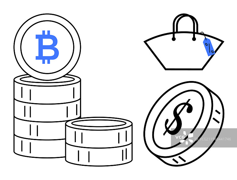 数字货币与传统货币堆叠在一起图片素材