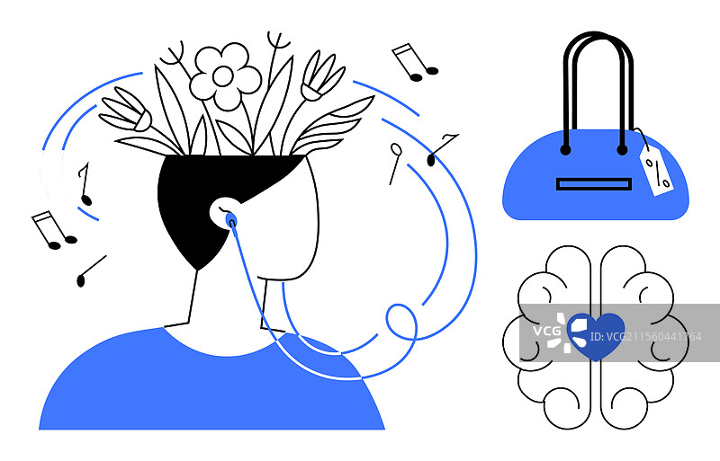 戴着耳机享受音乐的男人被包围着图片素材