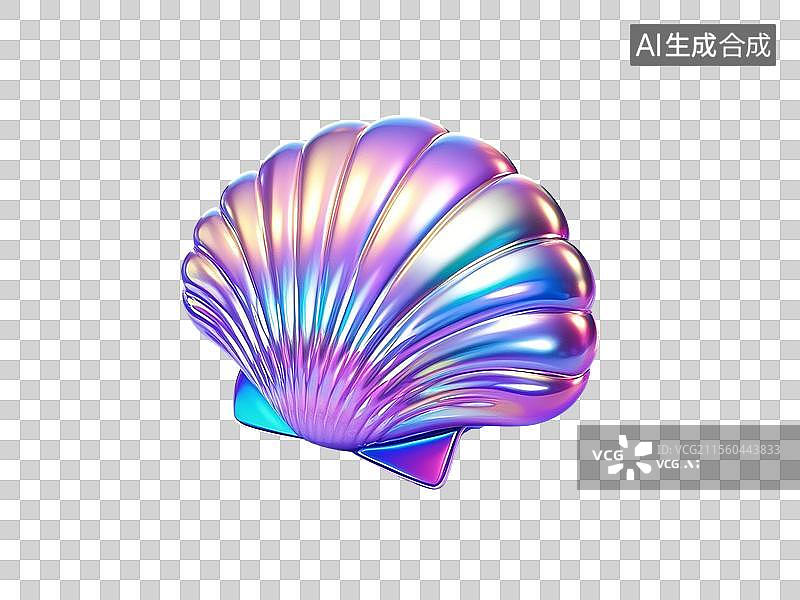 【AI数字艺术】3D渲染，炫彩激光镭射酸性金属质感，可爱的卡通贝壳，扇贝，海洋动物免抠元素图片素材