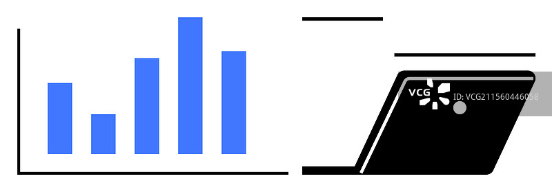 带有蓝色条形图和打开的笔记本电脑，暗示数据分析图片素材
