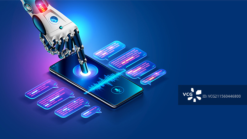 机器人手指触碰手机屏幕的人工智能聊天机器人图片素材