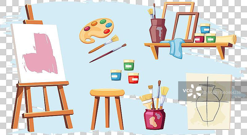 艺术家工具：画笔、调色板、画架图片素材