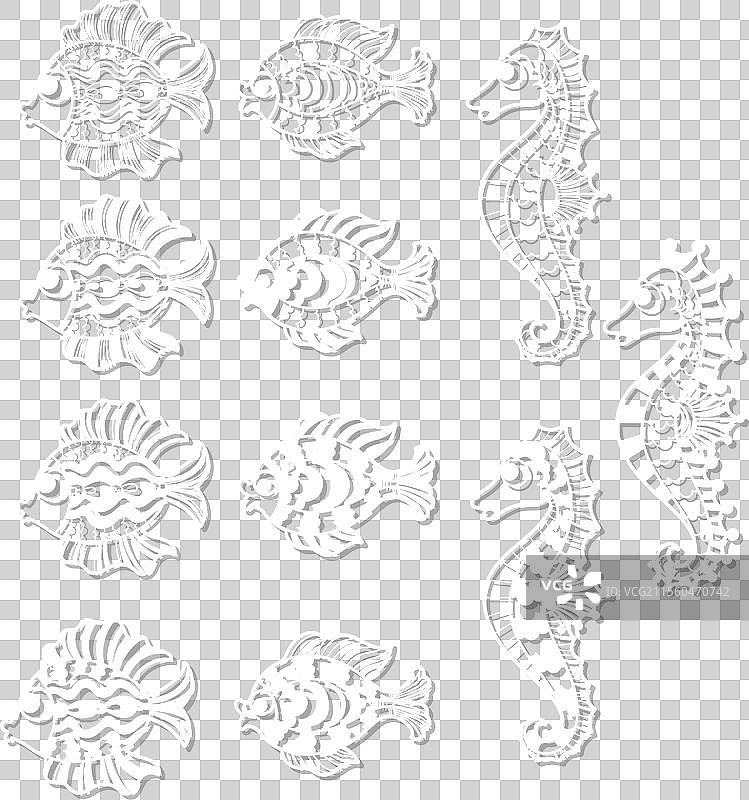 风格化的海马和鱼的模板套件图片素材